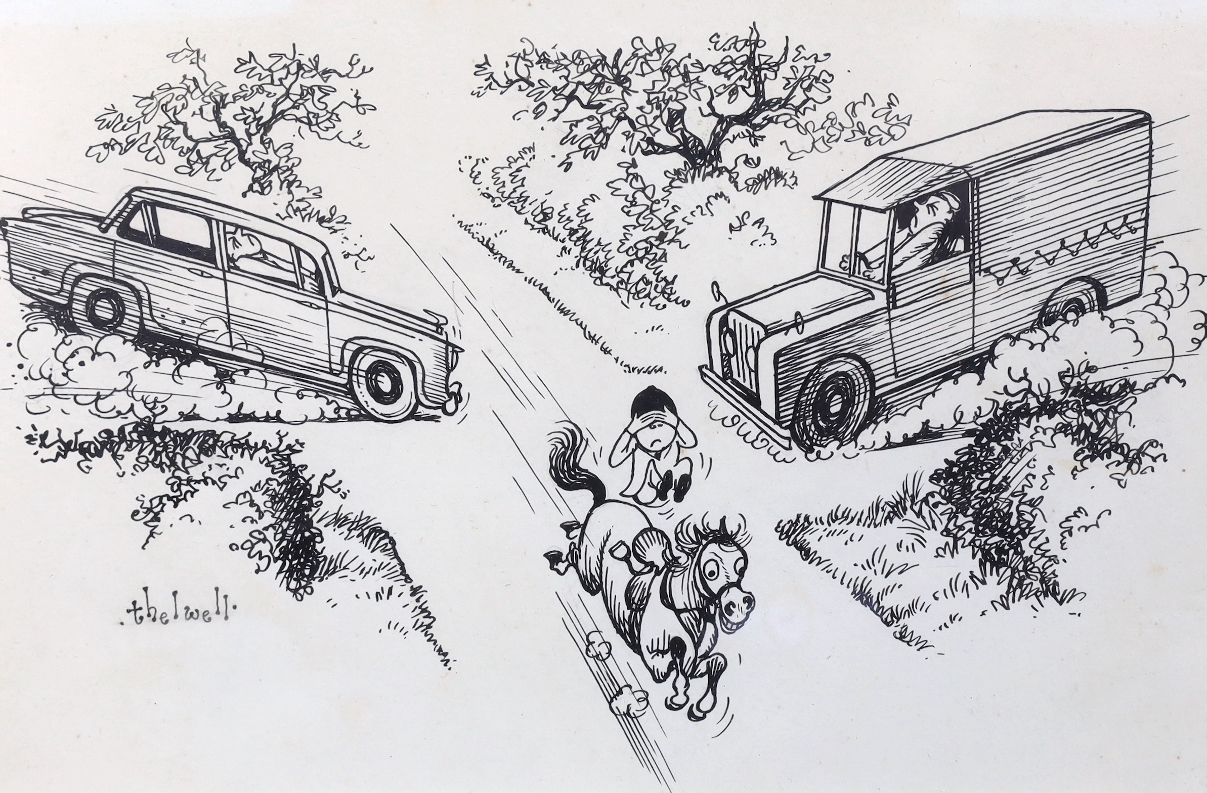 Norman Thelwell (English, 1923-2004), 'The New Forest Pony: Due an abundance of traffic in the area - this rather narrow breed is said to be immune to the terror of modern roads', pen and ink, 13 x 20cm
